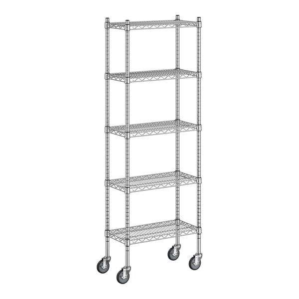 A Regency stainless steel wire shelving unit with wheels.