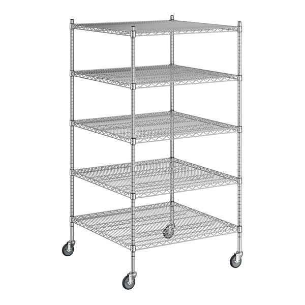 A Regency chrome mobile wire shelving starter kit with 5 shelves on wheels.