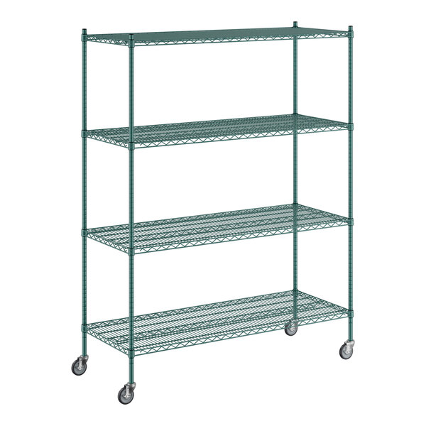 A Regency green wire shelving unit with wheels.