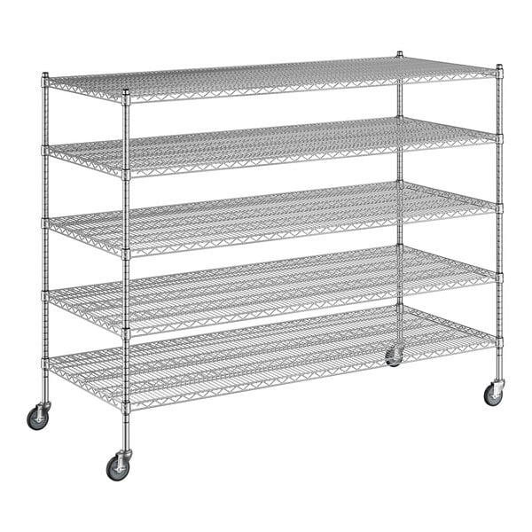 A Regency chrome wire shelving unit with wheels and five shelves.