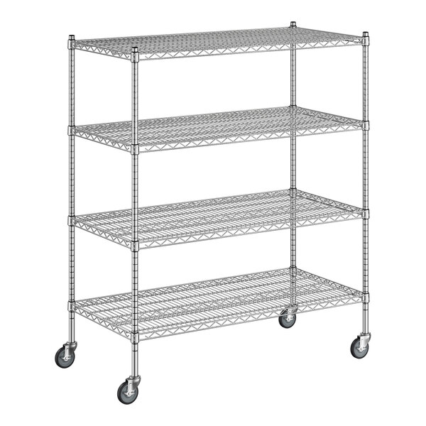 A Regency chrome wire shelving unit with wheels and four shelves.