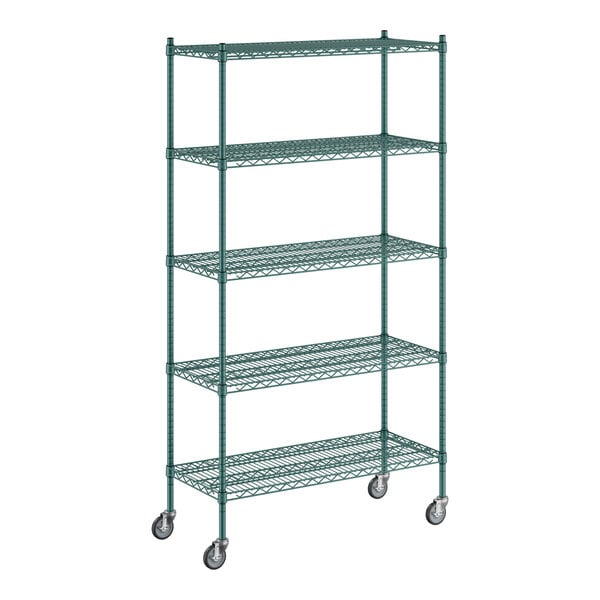 A Regency green wire shelving unit with wheels.