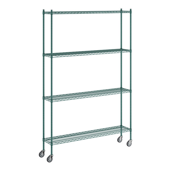 A green metal Regency wire shelving unit with wheels.