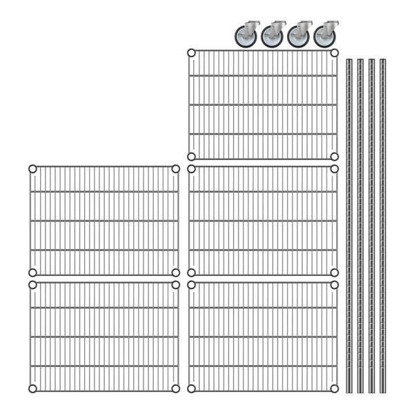 A diagram of a Regency wire rack with wheels, 5 shelves, and 4 posts.