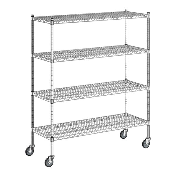 A Regency chrome mobile wire shelving unit with 4 shelves and wheels.