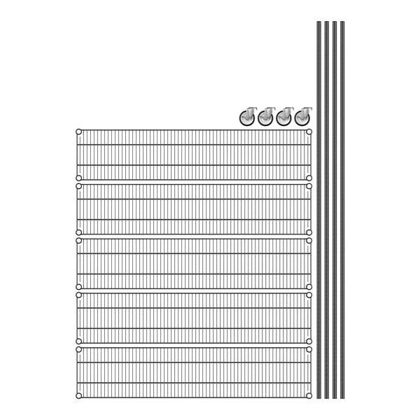 A grid of black wire shelves with 5 shelves.