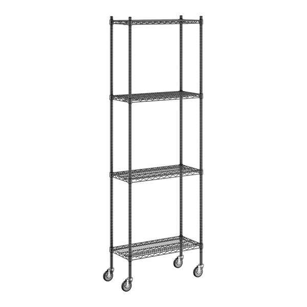 A Regency black wire shelving unit with wheels.