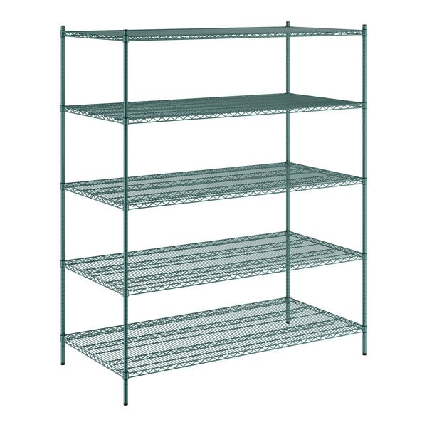 A green wire shelving unit with five shelves.