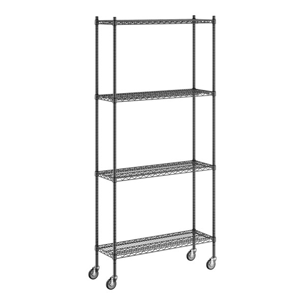 A Regency black wire shelving unit with wheels.