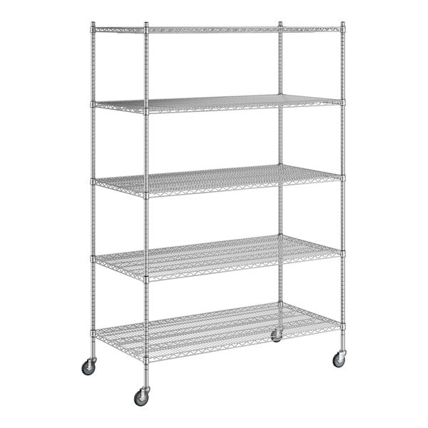 A Regency chrome mobile wire shelving unit with 5 shelves and wheels.