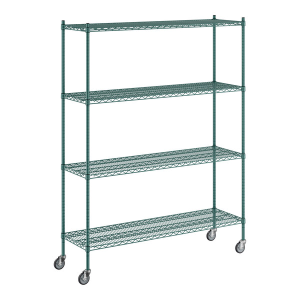 A Regency green wire shelving unit with wheels.