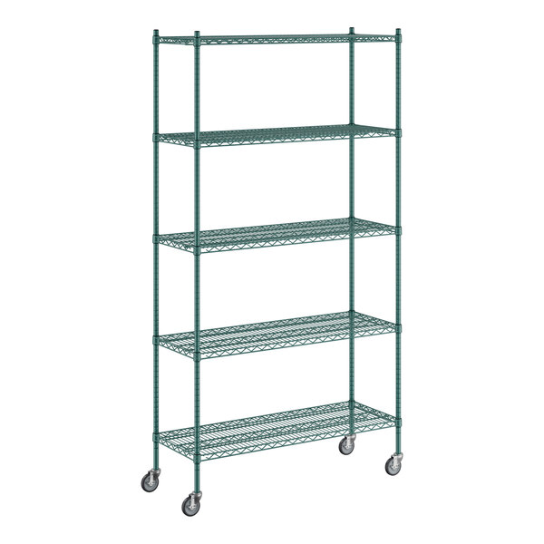 A Regency green metal wire shelving unit with wheels.