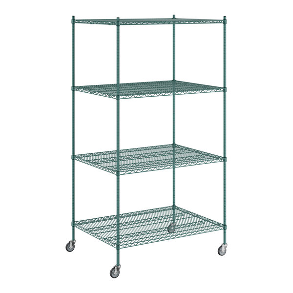 A Regency green wire shelving unit with wheels.