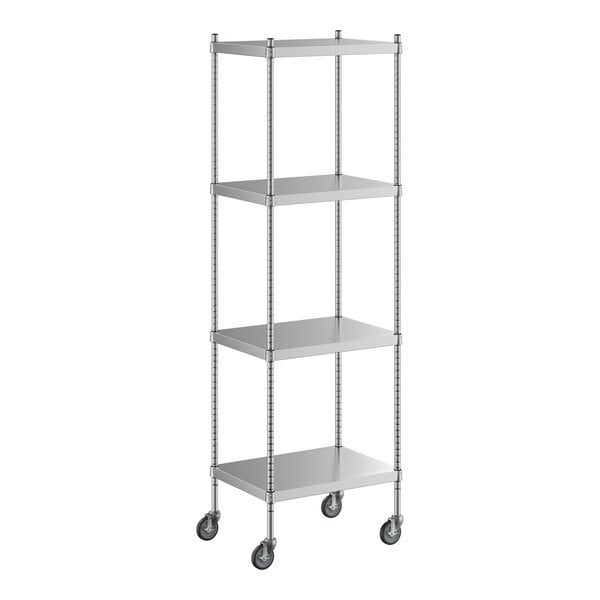 A Regency stainless steel shelf on wheels.