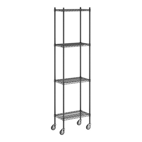 A Regency black metal wire shelving unit with wheels.