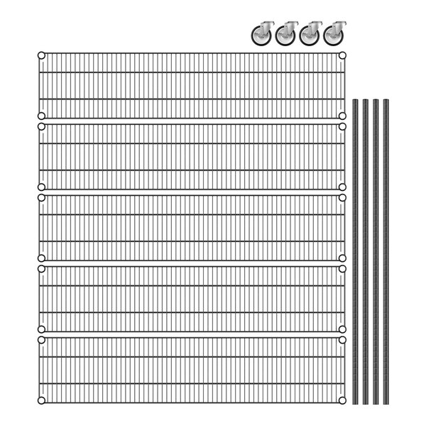 A black Regency wire shelving unit with wheels and 5 shelves.