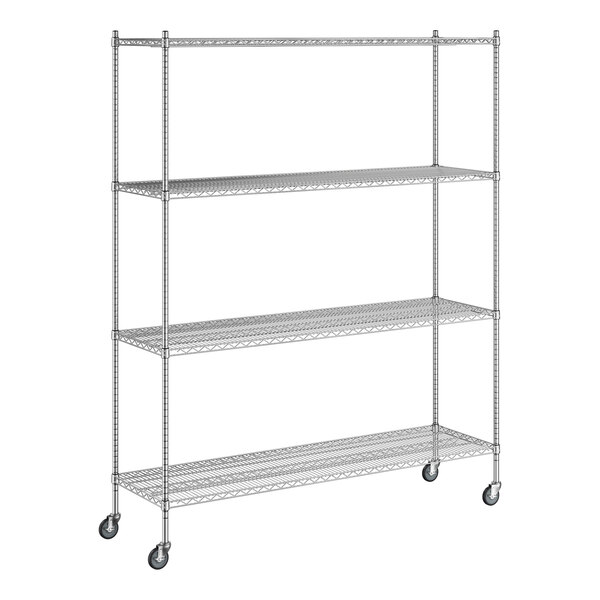 A Regency chrome wire shelving unit with wheels.