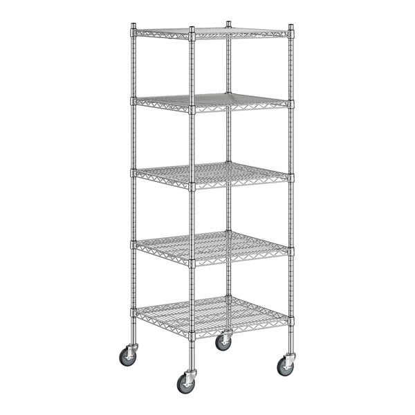 A wireframe of a Regency chrome wire shelving unit with four shelves.