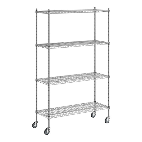 A Regency stainless steel wire shelving unit with wheels.