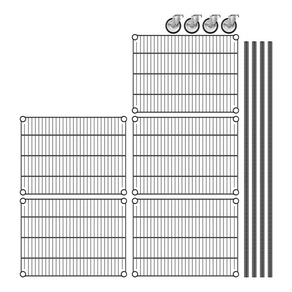 A Regency black wire shelving unit with wheels.