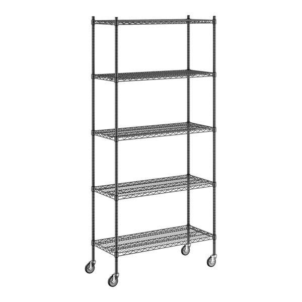 A Regency black wire shelving unit with wheels.