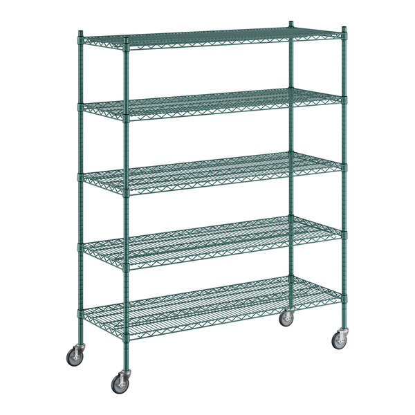 A green wire shelving unit with five shelves.