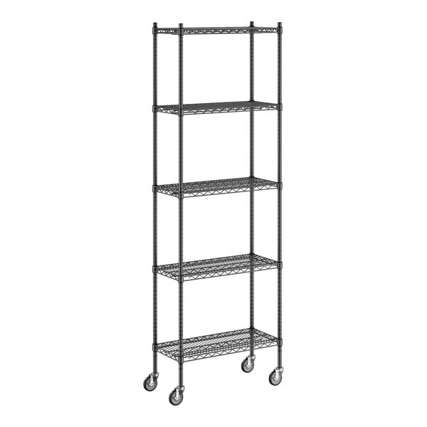 A Regency black wire shelving unit with wheels.