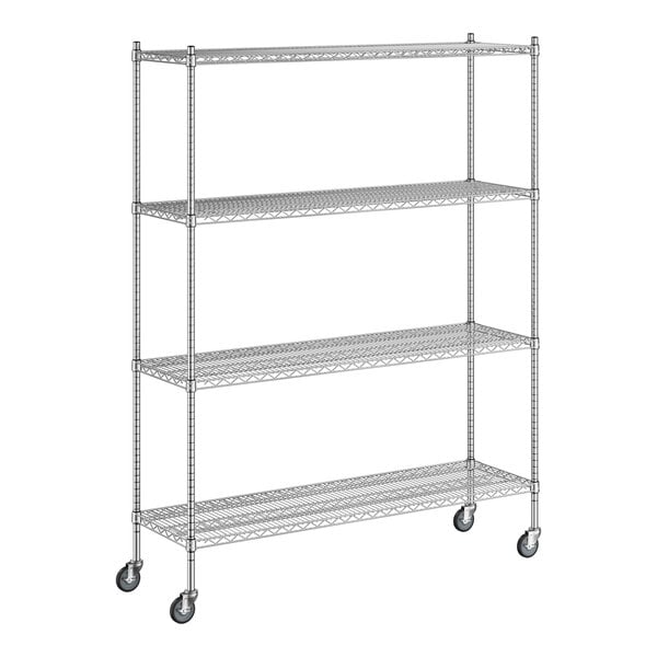 A wireframe of a Regency chrome mobile wire shelving unit with wheels.