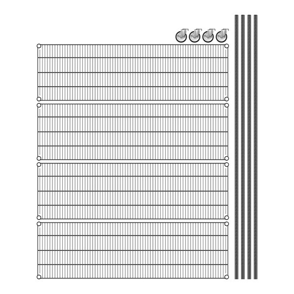 A Regency mobile wire shelving unit with four wire shelves.