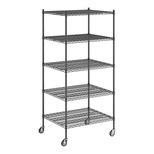 A Regency black wire shelving unit with five shelves.