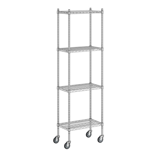 A Regency chrome wire shelving unit with wheels.