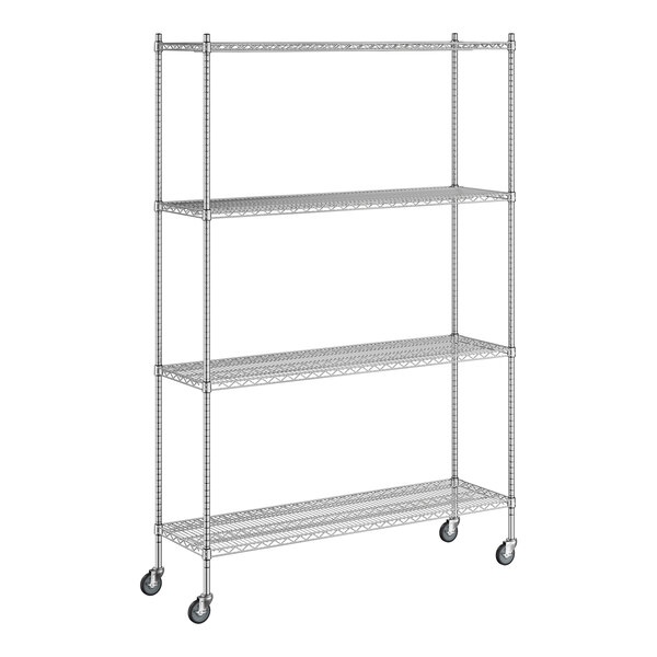 A Regency chrome wire shelving unit with wheels.