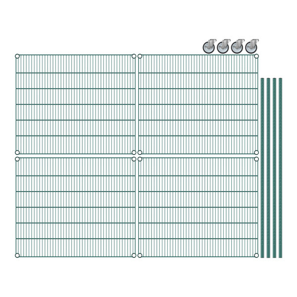 A Regency wire shelving unit with green epoxy coating and 4 shelves with green grid lines.