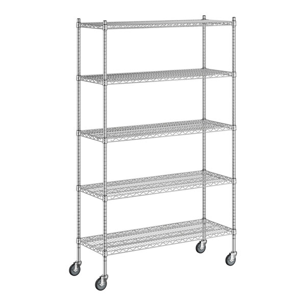 A Regency chrome wire shelving unit with wheels.