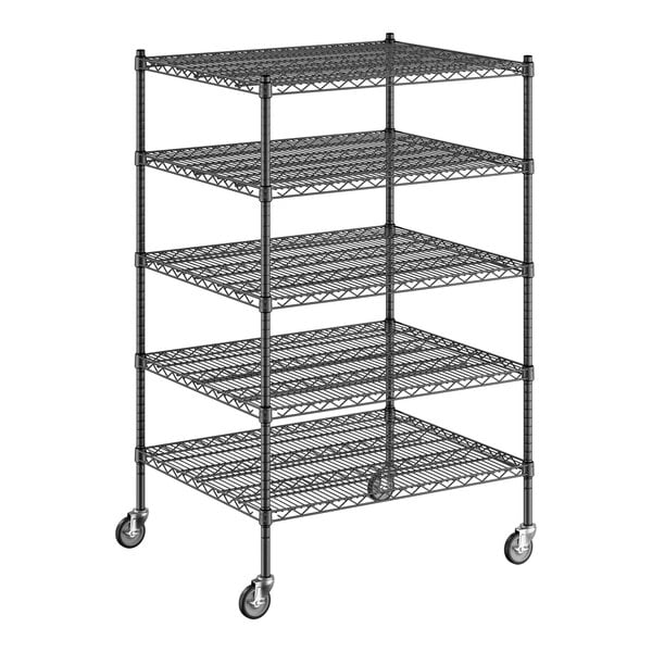 A Regency black wire shelving unit with wheels and five shelves.