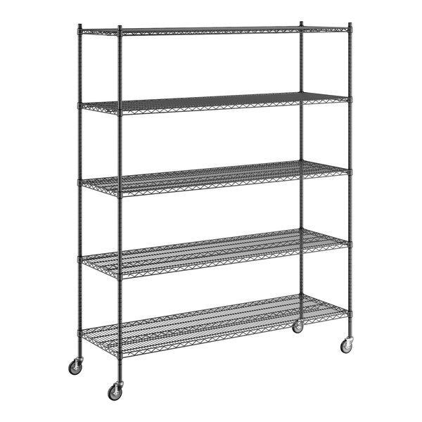 A Regency black wire shelving unit with wheels.