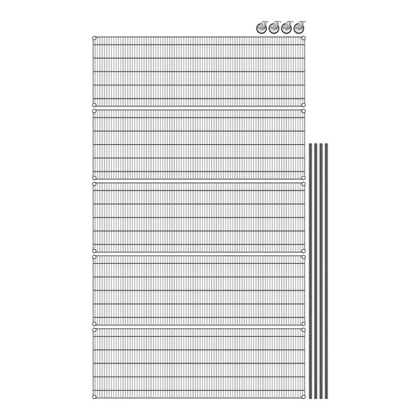 A wire mesh panel with a grid of wire shelves.