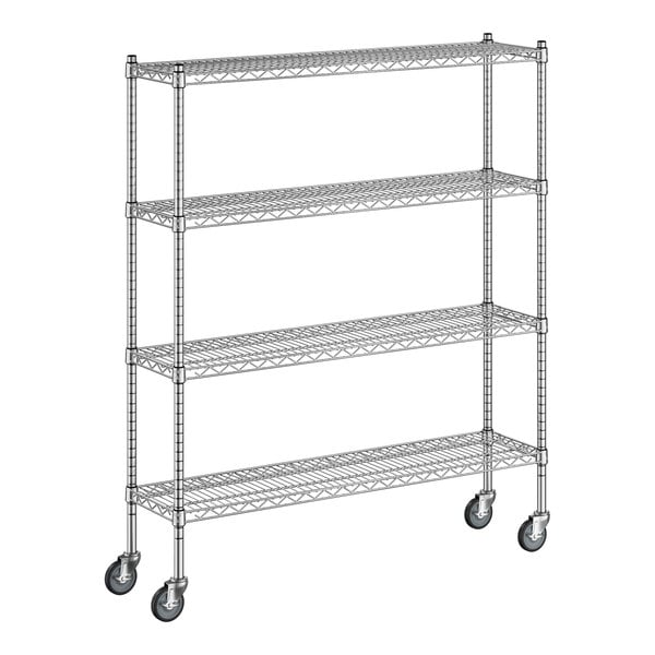 A Regency chrome wire shelving unit with wheels.