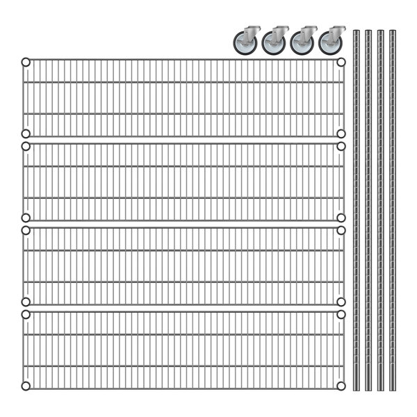 A drawing of a Regency wire rack with wheels and four shelves.