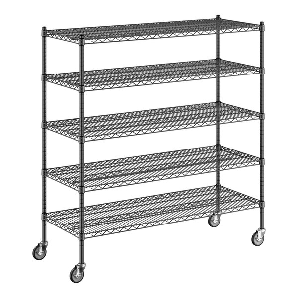 A black Regency wire shelving unit with wheels.