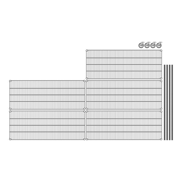 A grid of black wire mesh with a few metal pieces.