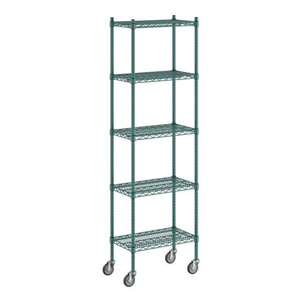 A green metal Regency wire shelving unit with wheels.