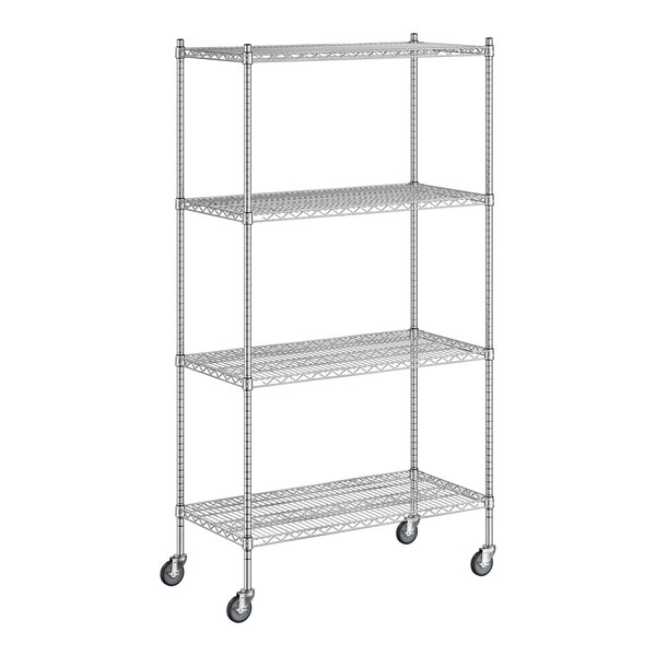 A Regency chrome wire shelving unit with wheels.