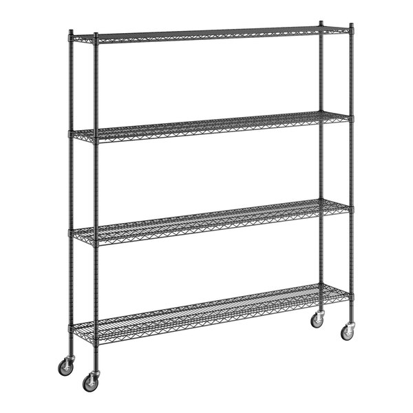 A Regency black wire shelving starter kit with wheels.