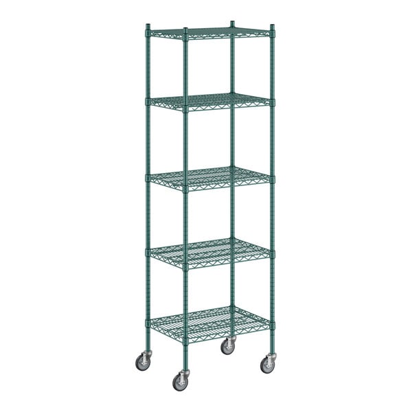 A Regency green wire shelving unit with wheels.