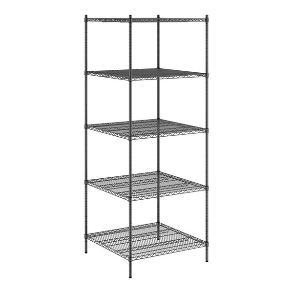 A Regency black wire shelving unit with five shelves.