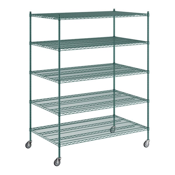 A Regency green wire shelving unit with five shelves.