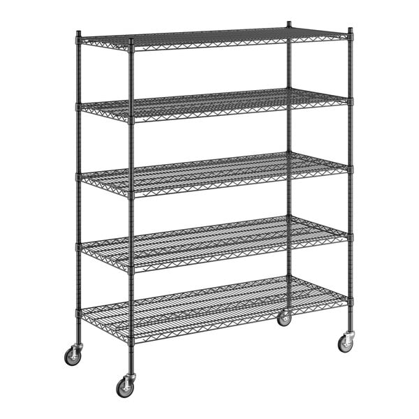 A Regency black wire shelving starter kit with 5 shelves and wheels.