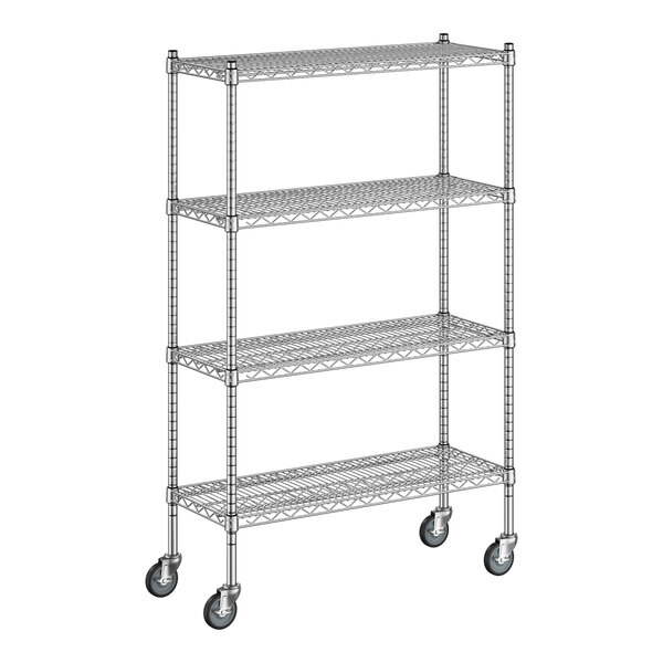 A Regency chrome wire shelving unit with wheels.