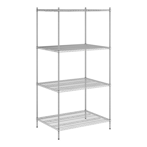 A white wireframe of a Regency stationary metal shelving unit with four shelves.